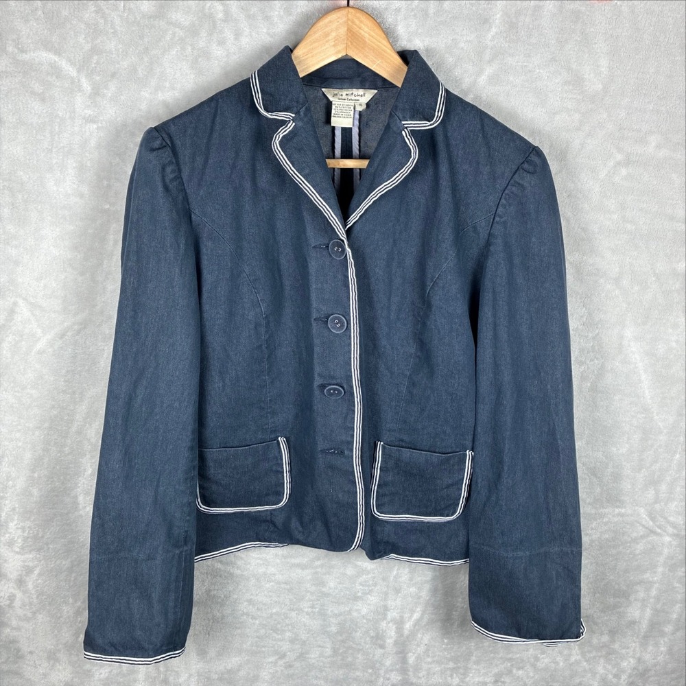 Julie Mitchell Urban Collection Blue Denim Blazer White Piping Size 10 ST30924